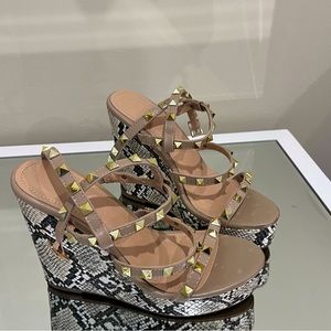 Tan and Snakeskin studded wedges